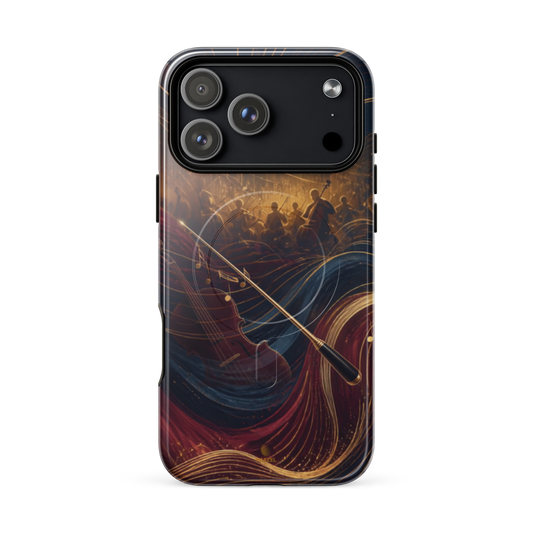 The Virtuoso iPhone Case, gold-line violin and bow over orchestra silhouettes. Haezel Tech Rhythm Series, view 18