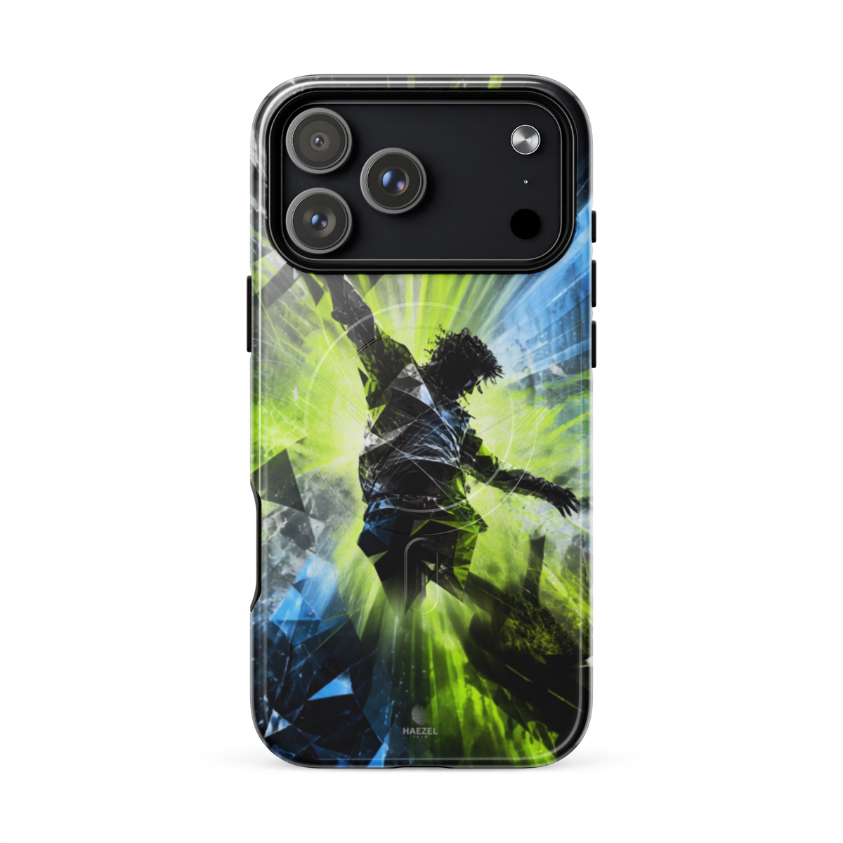 The Kinetic iPhone Case, lime dancer silhouette breaking into geometric shards. Haezel Tech Rhythm Series, view 18