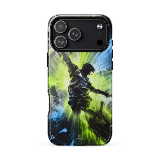 The Kinetic iPhone Case, lime dancer silhouette breaking into geometric shards. Haezel Tech Rhythm Series, view 18