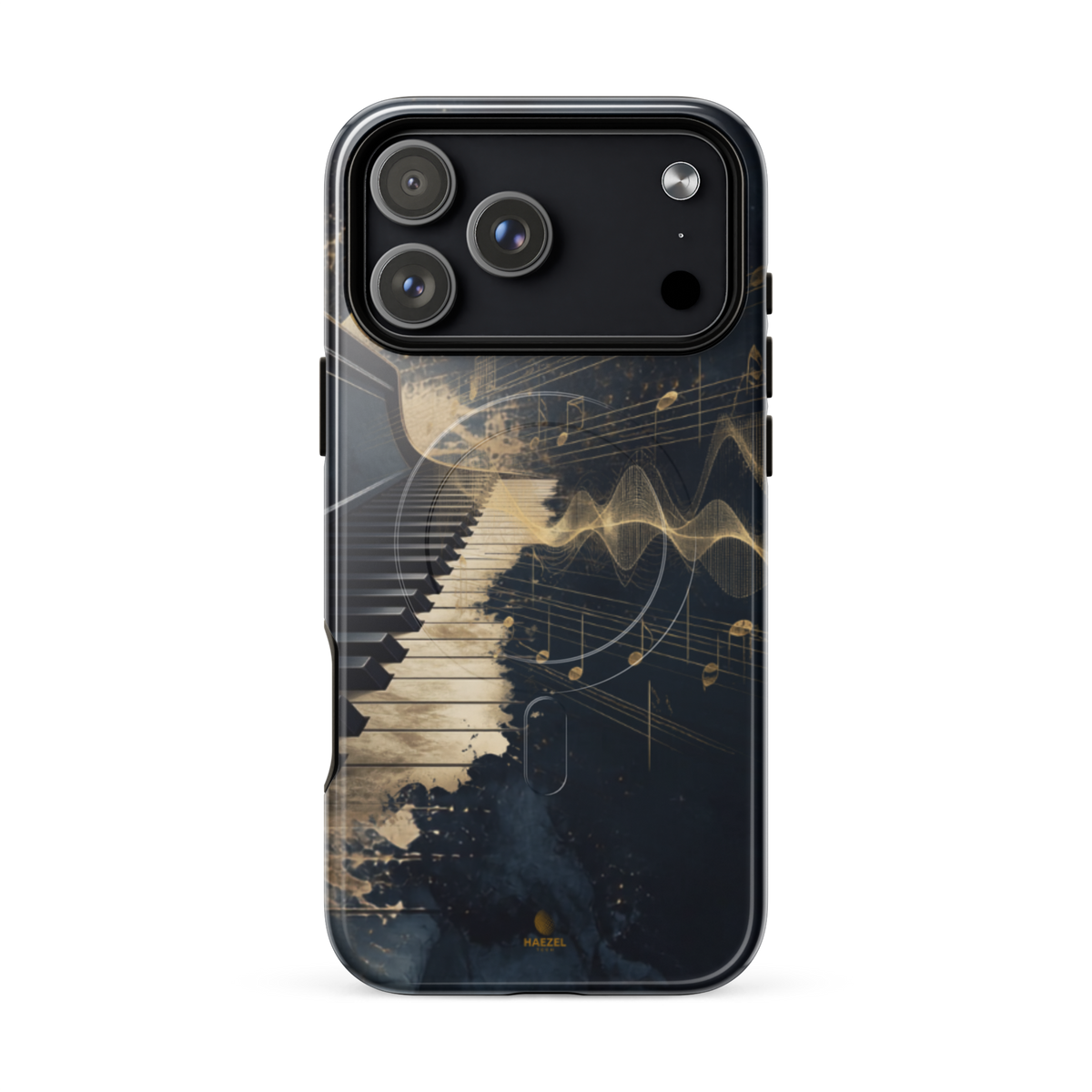 The Nocturne iPhone Case, piano keys and gold music notation on midnight navy. Haezel Tech Rhythm Series, view 18