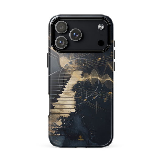 The Nocturne iPhone Case, piano keys and gold music notation on midnight navy. Haezel Tech Rhythm Series, view 18