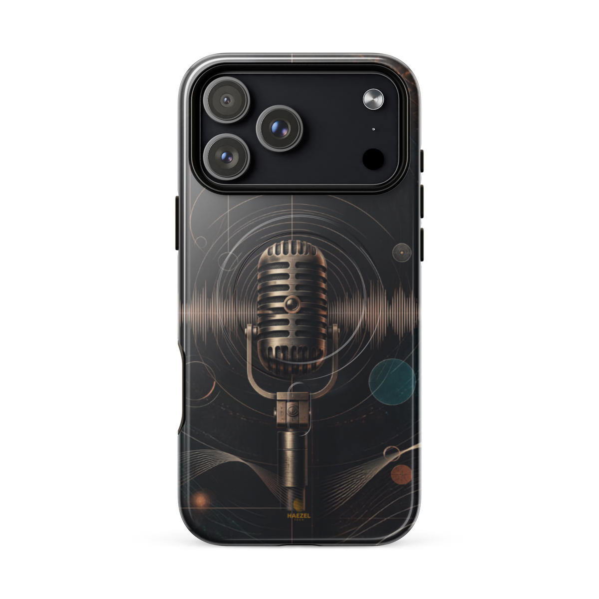 The Broadcast iPhone Case, bronze vintage microphone ringed by soundwaves. Haezel Tech Rhythm Series, view 18