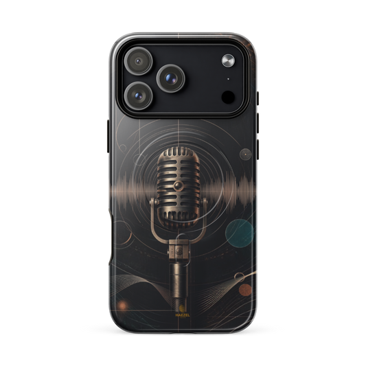 The Broadcast iPhone Case, bronze vintage microphone ringed by soundwaves. Haezel Tech Rhythm Series, view 18