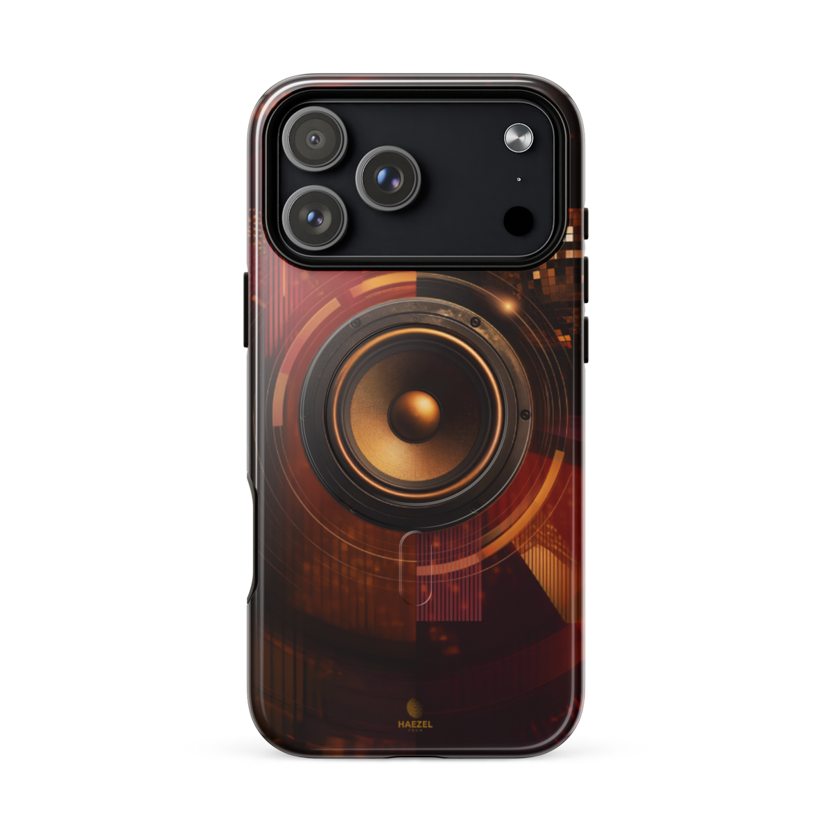 The Bassline iPhone Case, gold speaker cone split across red and black. Haezel Tech Rhythm Series, view 18