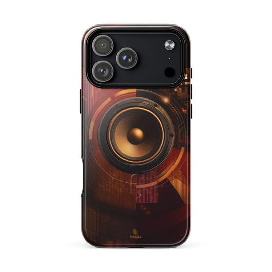 The Bassline iPhone Case, gold speaker cone split across red and black. Haezel Tech Rhythm Series, view 18