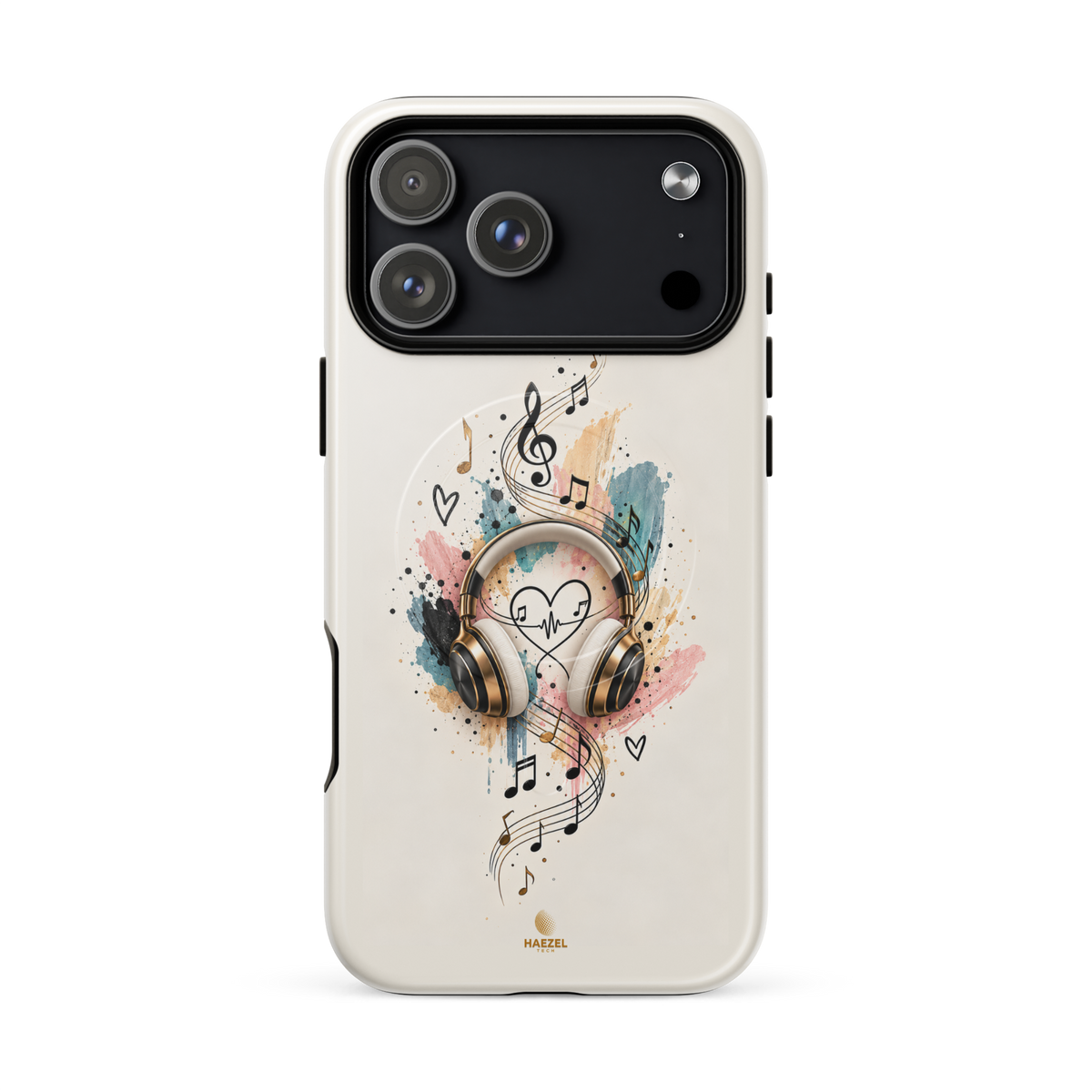 The Serenade Ivory iPhone Case, gold headphones and heartbeat in watercolour on ivory. Haezel Tech Rhythm Series, view 18