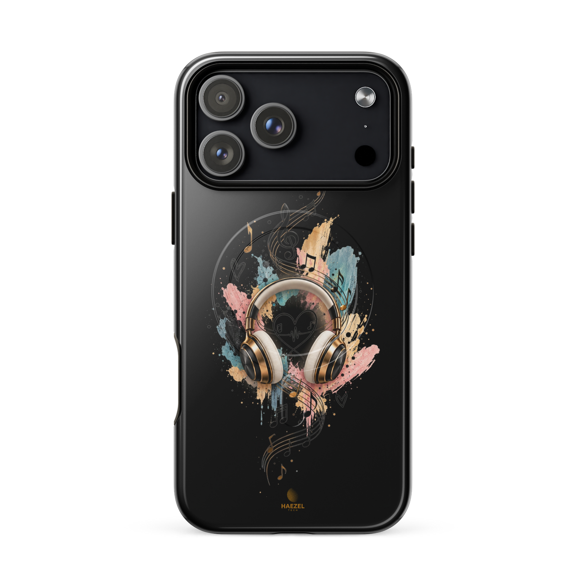 The Serenade Onyx iPhone Case, gold headphones and heartbeat in watercolour on black. Haezel Tech Rhythm Series, view 18