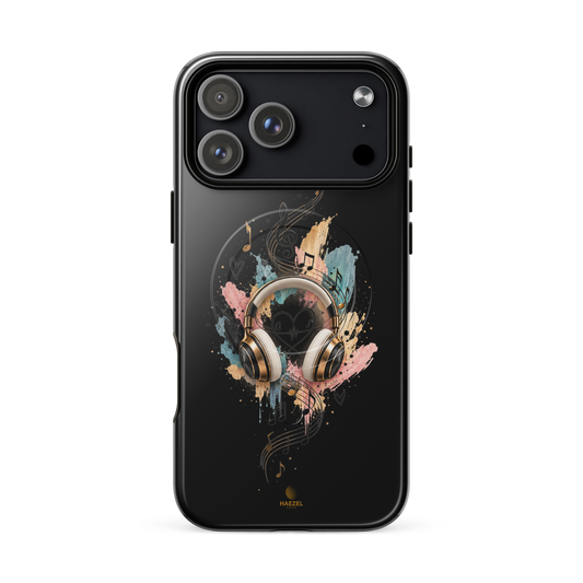 The Serenade Onyx iPhone Case, gold headphones and heartbeat in watercolour on black. Haezel Tech Rhythm Series, view 18