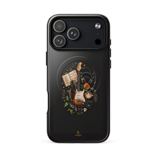 The Songbook iPhone Case, sunburst guitar and open songbook on black. Haezel Tech Rhythm Series, view 18