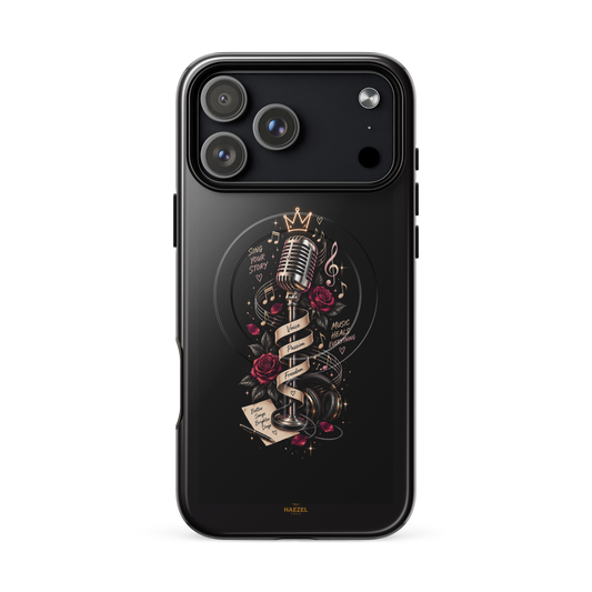 The Showstopper iPhone Case, crowned vintage microphone and red roses on black. Haezel Tech Rhythm Series, view 18