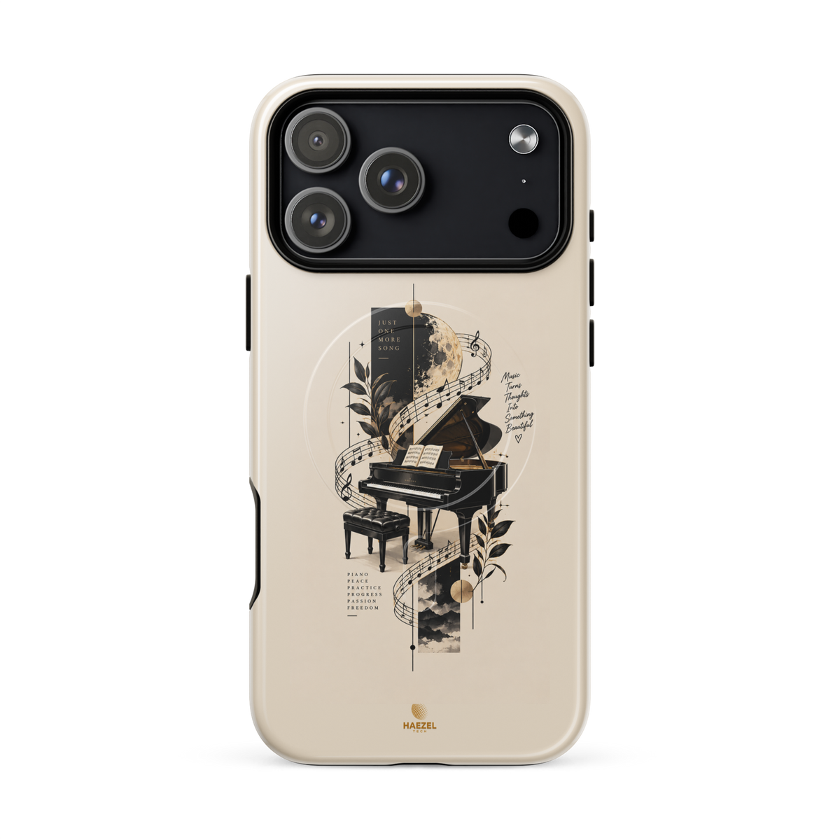 The Recital iPhone Case, grand piano and sheet music under a full moon on ivory. Haezel Tech Rhythm Series, view 18