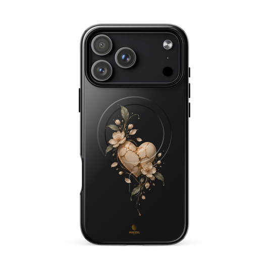 The Mended Heart Onyx iPhone Case, gold kintsugi heart with flowers on black. Haezel Tech Healer Series, view 18
