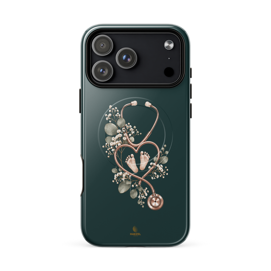 The Midwife Emerald iPhone Case, stethoscope heart with tiny baby feet on emerald green. Haezel Tech Healer Series, view 18