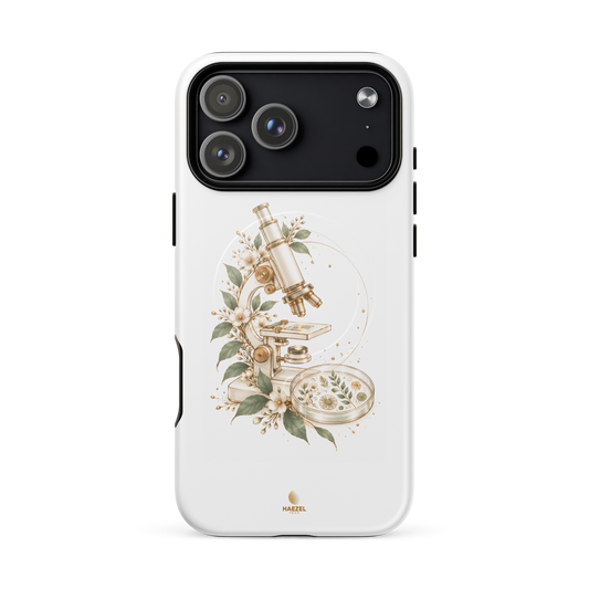 The Lab Scientist iPhone Case, golden microscope and petri dish with florals on white. Haezel Tech Healer Series, view 18