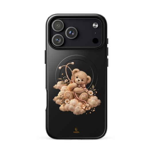 The Paediatric Nurse Onyx iPhone Case, teddy bear with stethoscope on golden clouds on black. Haezel Tech Healer Series, view 18