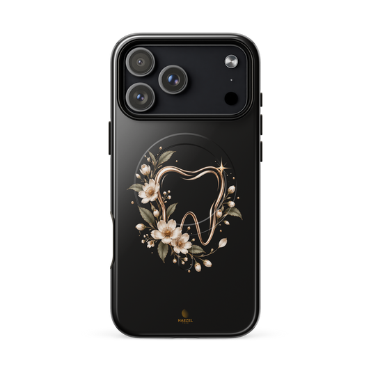 The Dentist iPhone Case, golden tooth outline with flowers on black. Haezel Tech Healer Series, view 18