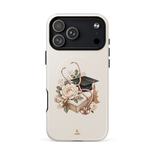 The Nursing Graduate iPhone Case, stethoscope with graduation cap, books and roses on ivory. Haezel Tech Healer Series, view 18