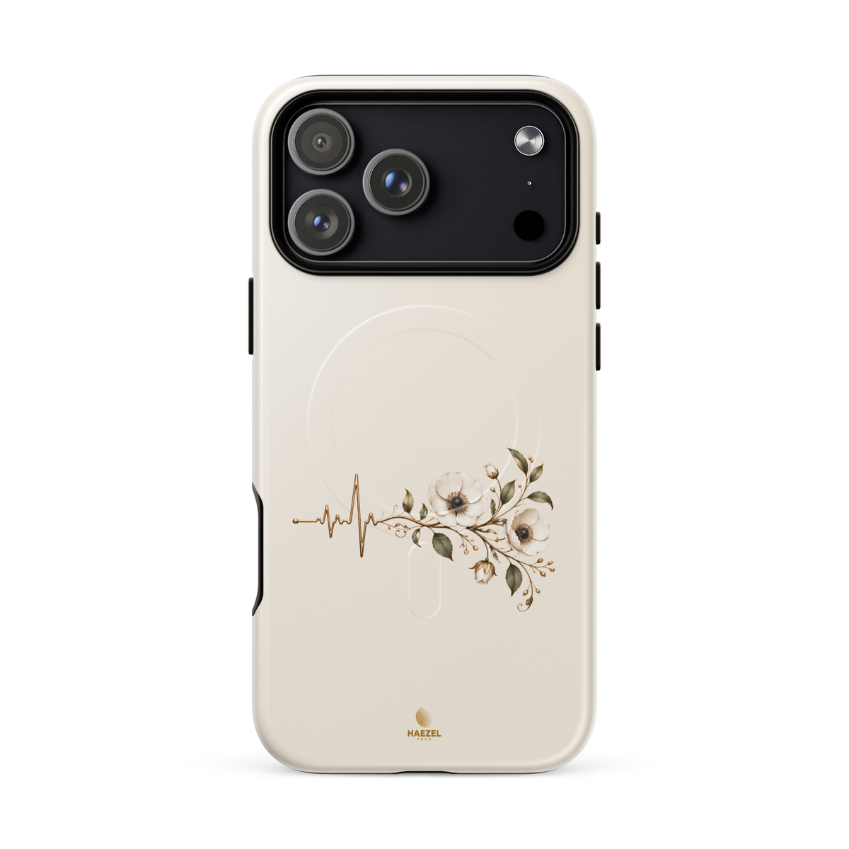 The Heartbeat iPhone Case, gold heartbeat line flowing into flowers on ivory. Haezel Tech Healer Series, view 18