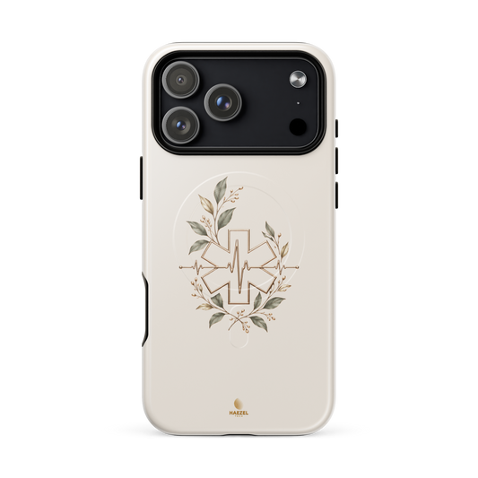 The Paramedic iPhone Case, Star of Life with heartbeat line in a golden wreath on ivory. Haezel Tech Healer Series, view 18