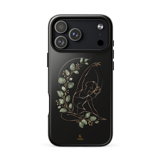 The Yoga Stretch iPhone Case, gold line seated yoga stretch with eucalyptus on black. Haezel Tech Healer Series, view 18