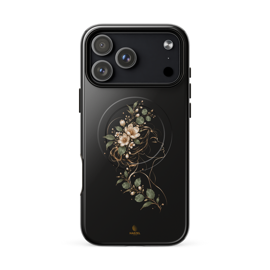 The Blooming Mind Onyx iPhone Case, woman's profile with flowers blooming from her mind on black. Haezel Tech Healer Series, view 18
