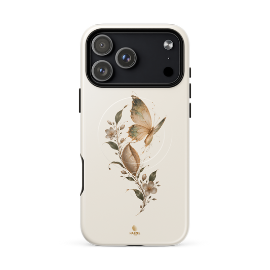 The Hope Butterfly Ivory iPhone Case, golden butterfly rising from a leaf with flowers on ivory. Haezel Tech Healer Series, view 18