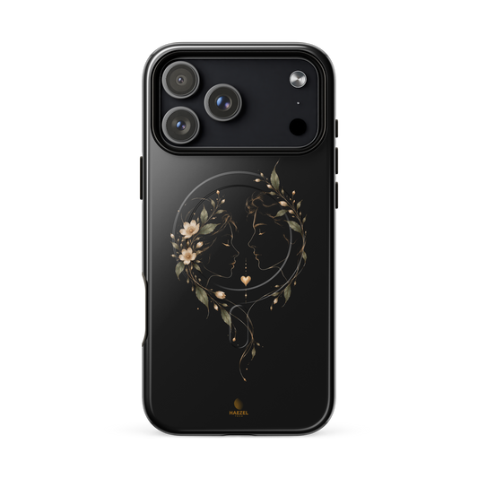 The Counsellor iPhone Case, two gold line faces joined by a heart in a floral wreath on black. Haezel Tech Healer Series, view 18