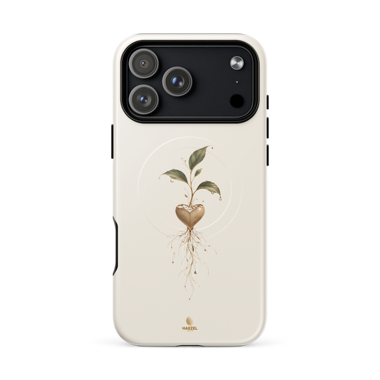 The Seed of Hope iPhone Case, green seedling growing from a golden heart on ivory. Haezel Tech Healer Series, view 18