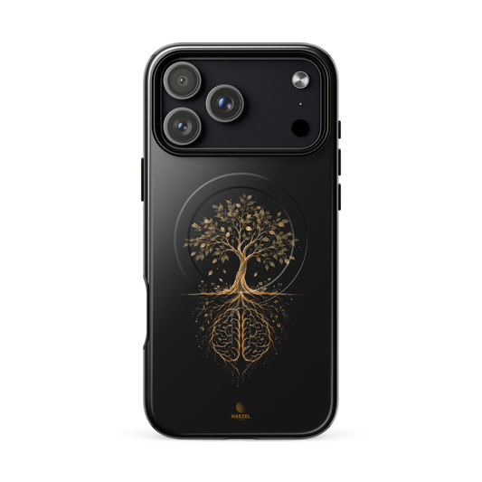 The Mind Tree Onyx iPhone Case, golden tree of life with roots shaped like a brain on black. Haezel Tech Healer Series, view 18