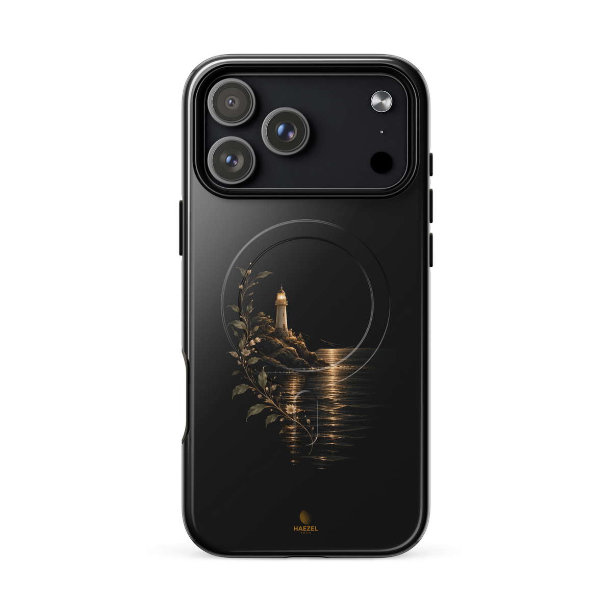 The Lighthouse iPhone Case, lighthouse glowing over still water with gold flowers on black. Haezel Tech Healer Series, view 18