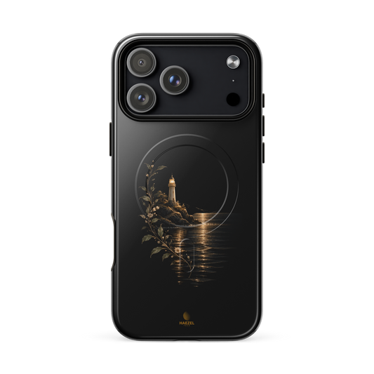 The Lighthouse iPhone Case, lighthouse glowing over still water with gold flowers on black. Haezel Tech Healer Series, view 18