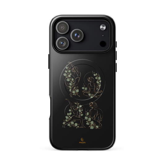 The Yoga Flow iPhone Case, four gold line yoga poses with eucalyptus on black. Haezel Tech Healer Series, view 18