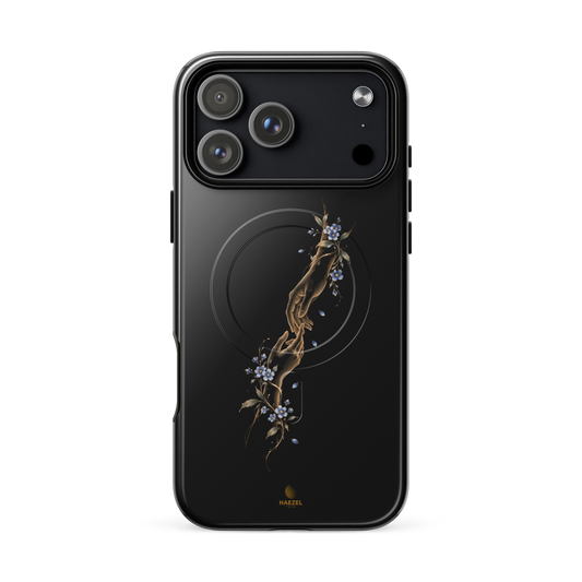 The Helping Hand iPhone Case, one hand reaching to lift another with forget-me-nots on black. Haezel Tech Healer Series, view 18