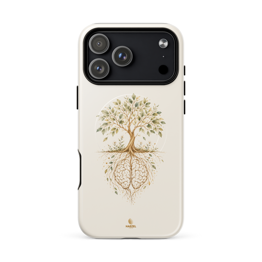 The Mind Tree Ivory iPhone Case, golden tree of life with roots shaped like a brain on ivory. Haezel Tech Healer Series, view 18
