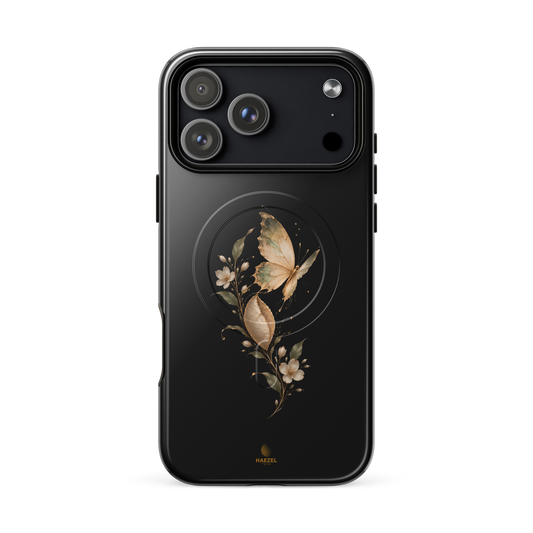 The Hope Butterfly Onyx iPhone Case, golden butterfly rising from a leaf with flowers on black. Haezel Tech Healer Series, view 18