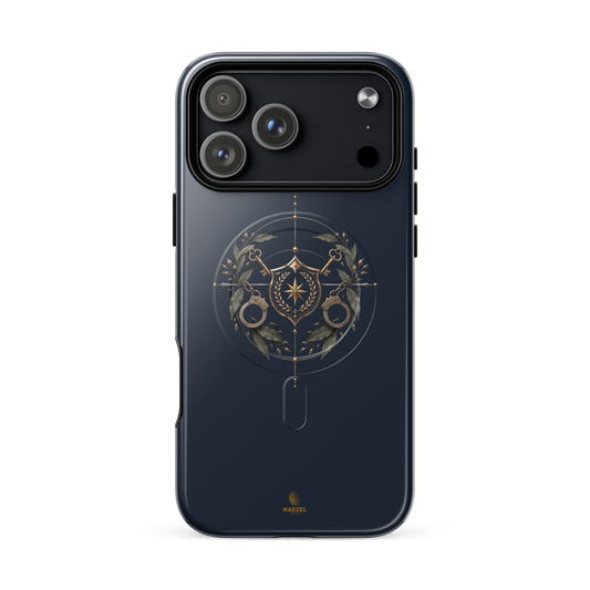 The Watch iPhone Case, gold shield with crossed keys and laurel wreath on navy. Haezel Tech Guardian Series, view 18