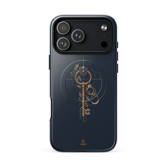 The Keeper iPhone Case, antique gold key with shield and leaves on navy. Haezel Tech Guardian Series, view 18